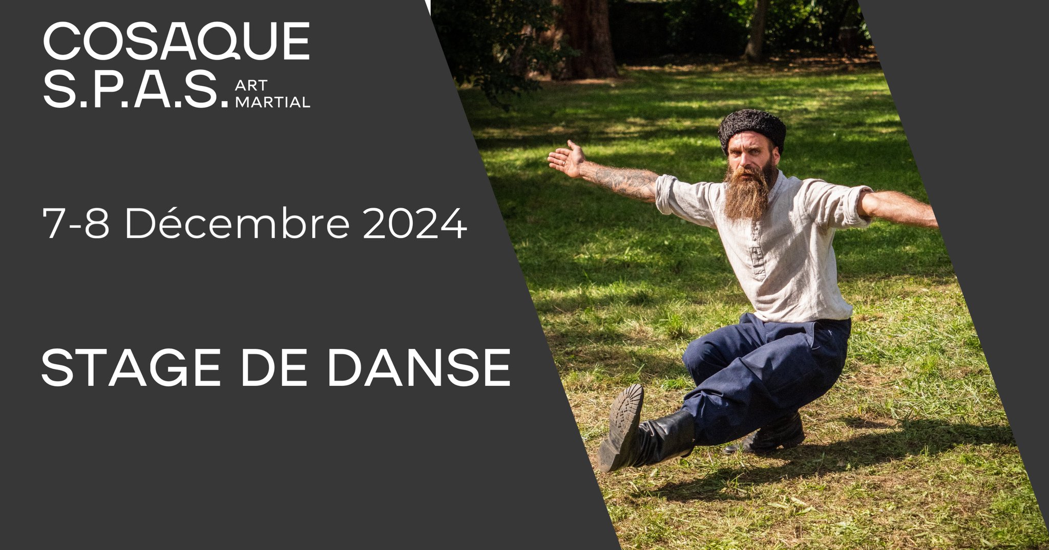 Affiche. Gymnase Mirablon à Montlhéry. Stage danse cosaque et russe, par Jérémy Rousserie. 2024-12-07